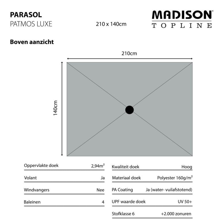 Parasol Patmos Rechthoek 210x140cm Grijs