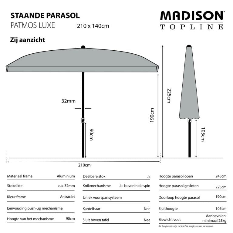 Parasol Patmos Rechthoek 210x140cm Grijs