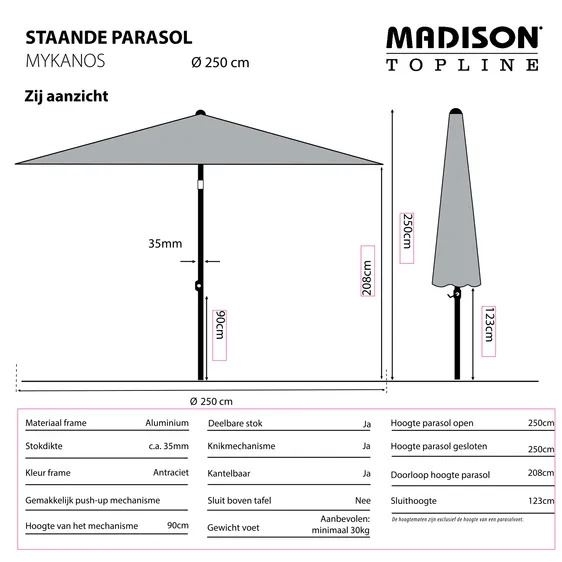 Parasol Mykanos push-up rond 250cm - grijs