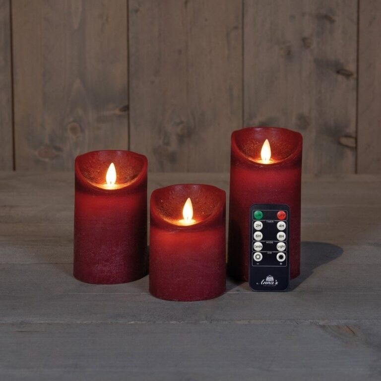 3x LED kaarsen Bordeaux Rood wax rustiek + bewegende vlam