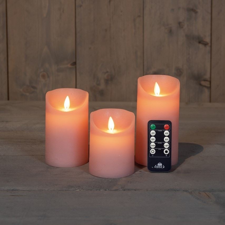 3x LED kaarsen Roze wax rustiek + bewegende vlam