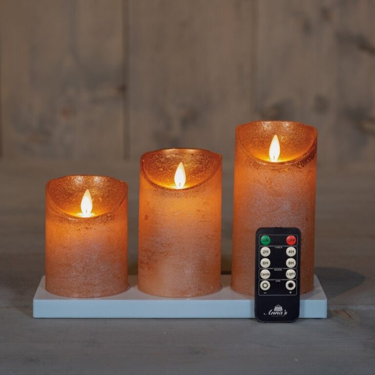 3x LED kaarsen Koper met oplaadstation + bewegende vlam