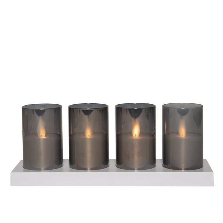 Set van 4 oplaadbare theelichten in glas incl. oplaadstation - wit/grijs