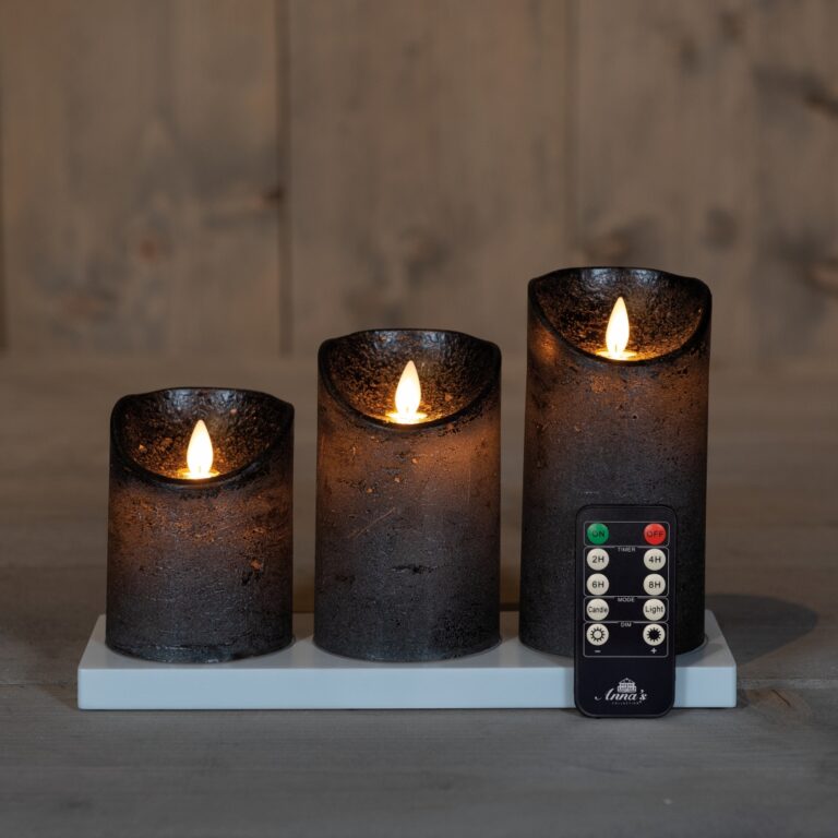 3x LED kaarsen antraciet met oplaadstation + bewegende vlam