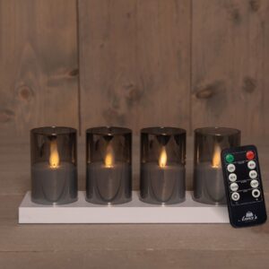 Set van 4 oplaadbare theelichten in glas incl. oplaadstation - wit/grijs