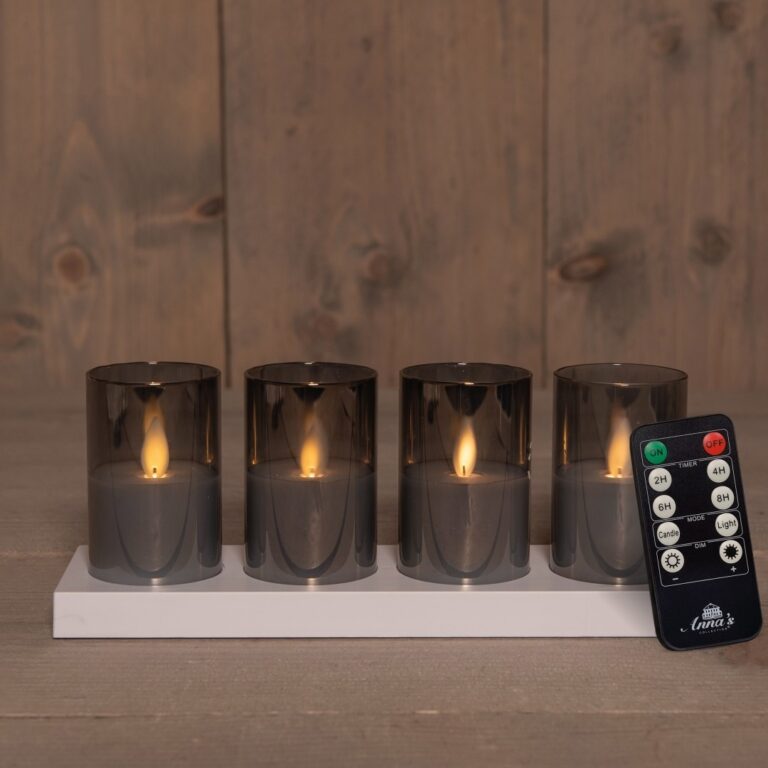 Set van 4 oplaadbare theelichten in glas incl. oplaadstation - wit/grijs