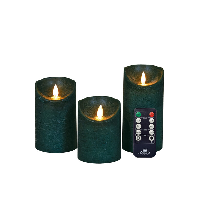 3x LED kaarsen Antiek groen wax rustiek + bewegende vlam
