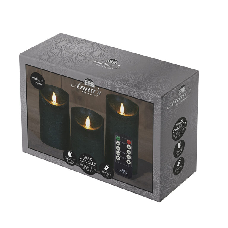 3x LED kaarsen Antiek groen wax rustiek + bewegende vlam