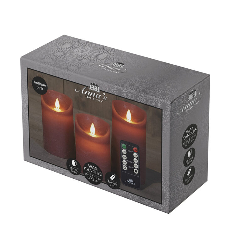 3x LED kaarsen Antiek Roze wax rustiek + bewegende vlam