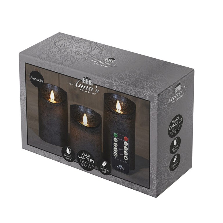 3x LED kaarsen antraciet wax rustiek + bewegende vlam
