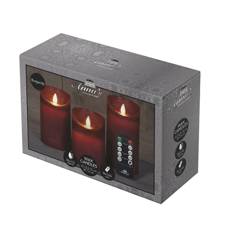 3x LED kaarsen Bordeaux Rood wax rustiek + bewegende vlam