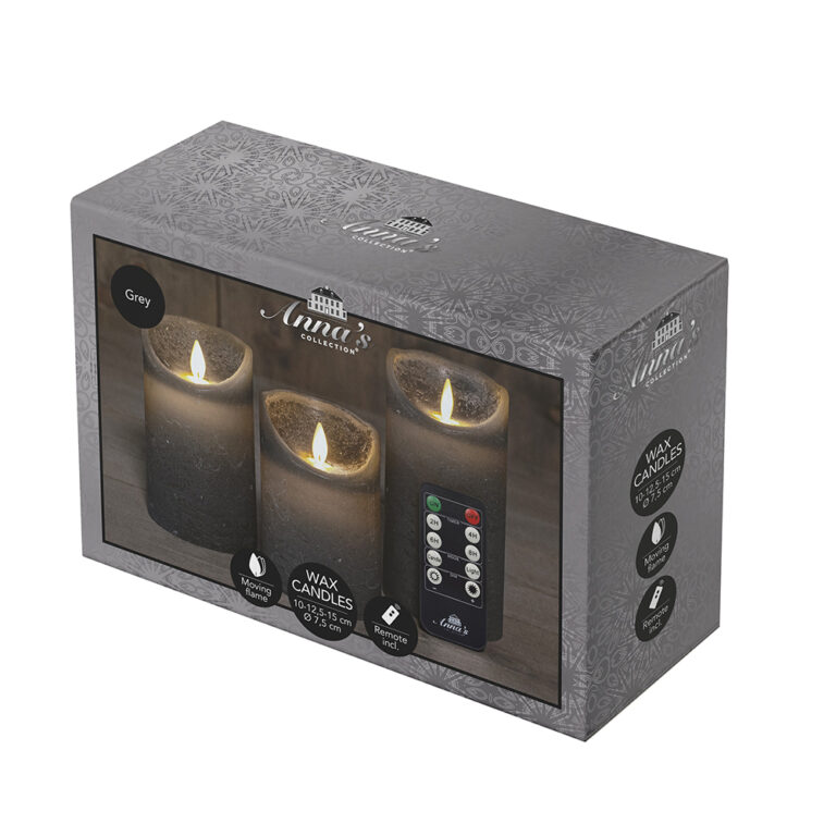 3x LED kaarsen grijs wax rustiek + bewegende vlam