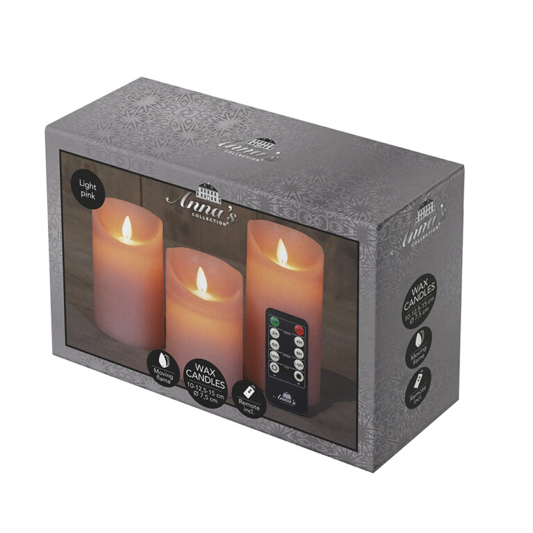 3x LED kaarsen Roze wax rustiek + bewegende vlam
