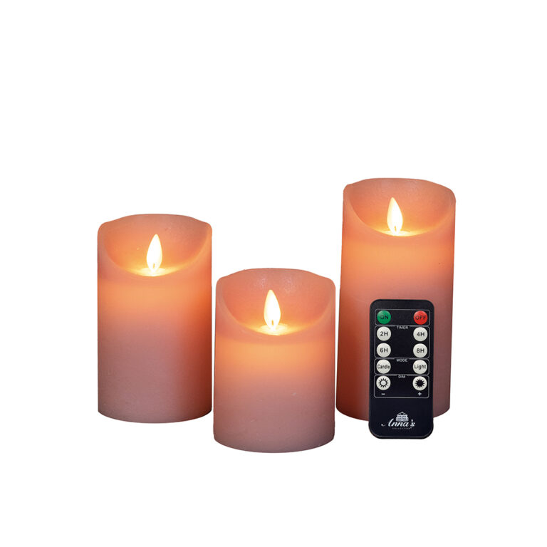 3x LED kaarsen Roze wax rustiek + bewegende vlam