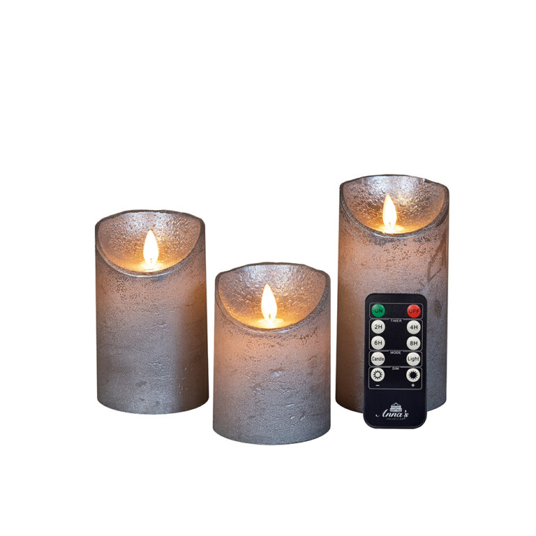 3x LED kaarsen zilver wax rustiek + bewegende vlam
