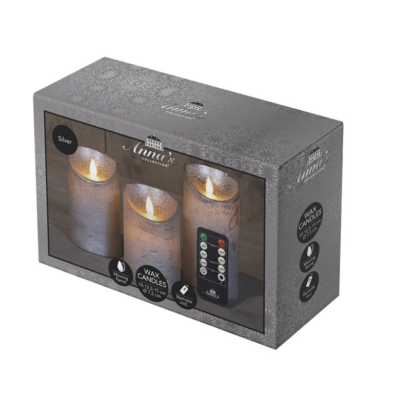 3x LED kaarsen zilver wax rustiek + bewegende vlam