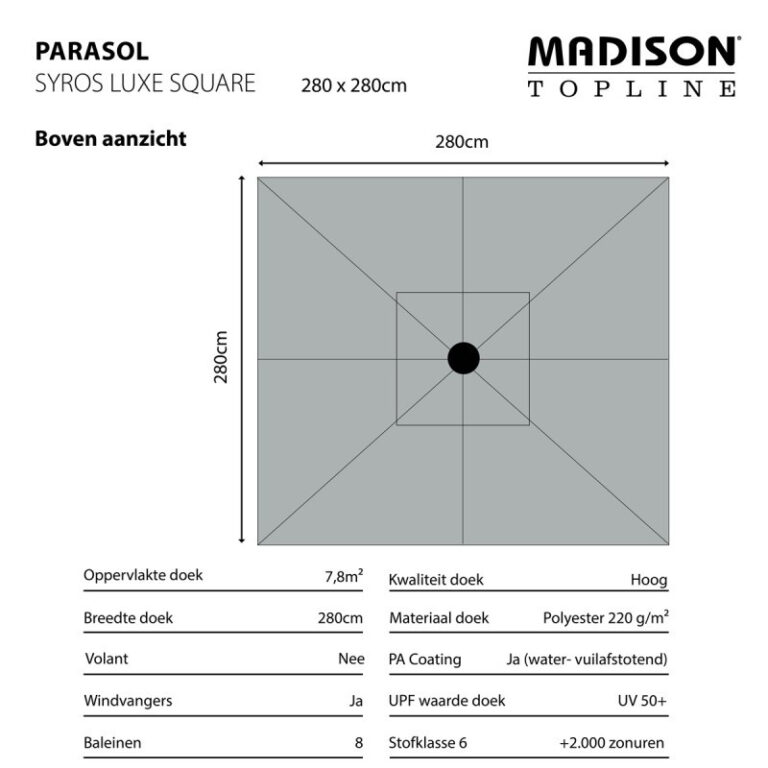 Parasol Syros Luxe Vierkant 280x280cm - Grijs