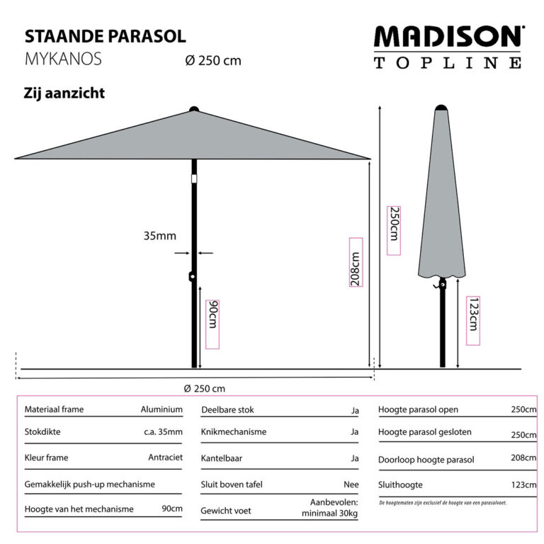 Parasol Mykanos push-up rond 250cm - Taupe