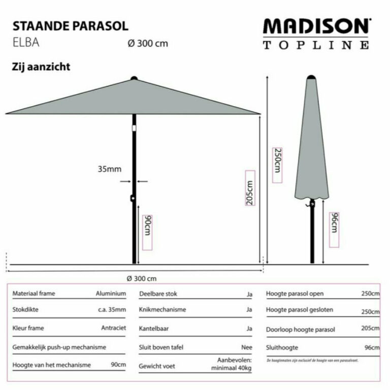 Parasol Elba push-up rond 300cm - Taupe