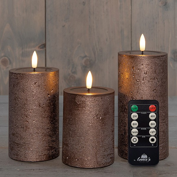 3x LED kaarsen Brons wax rustiek 3D vlam USB oplaadbaar