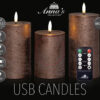 3x LED kaarsen Brons wax rustiek 3D vlam USB oplaadbaar