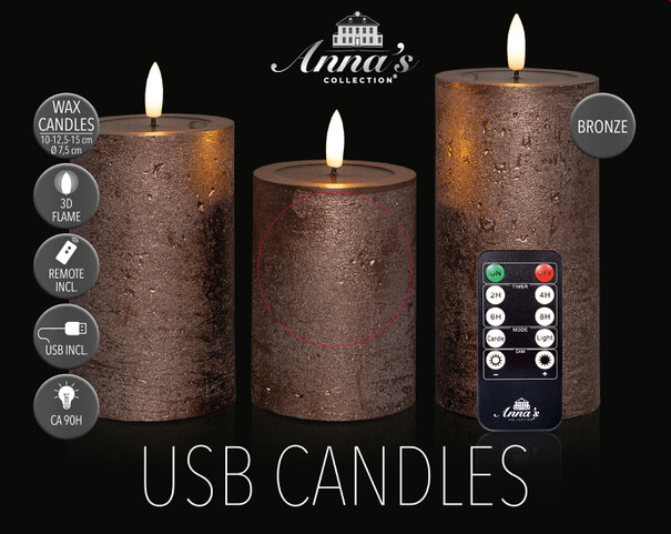 3x LED kaarsen Brons wax rustiek 3D vlam USB oplaadbaar