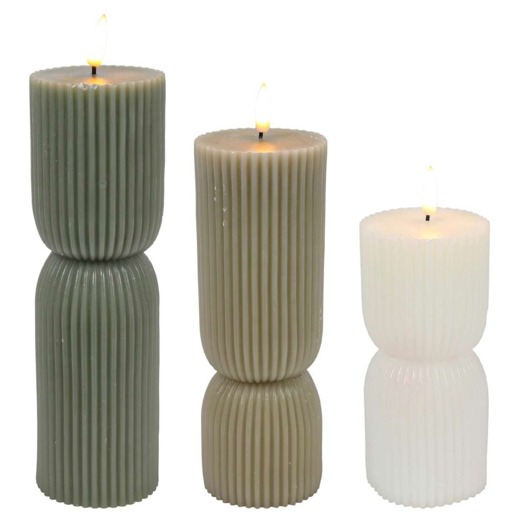 3x LED kaarsen ribbel Wit Grijs Groen
