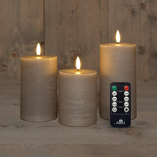 3x LED kaarsen Taupe wax rustiek 3D vlam USB oplaadbaar
