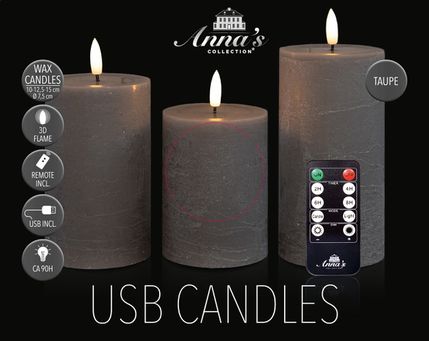 3x LED kaarsen Taupe wax rustiek 3D vlam USB oplaadbaar