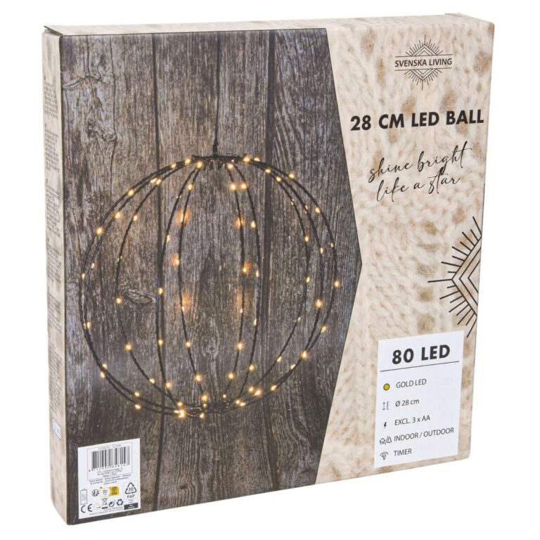 LED Bol Zwart 28cm 80LED Gold - 3xAA
